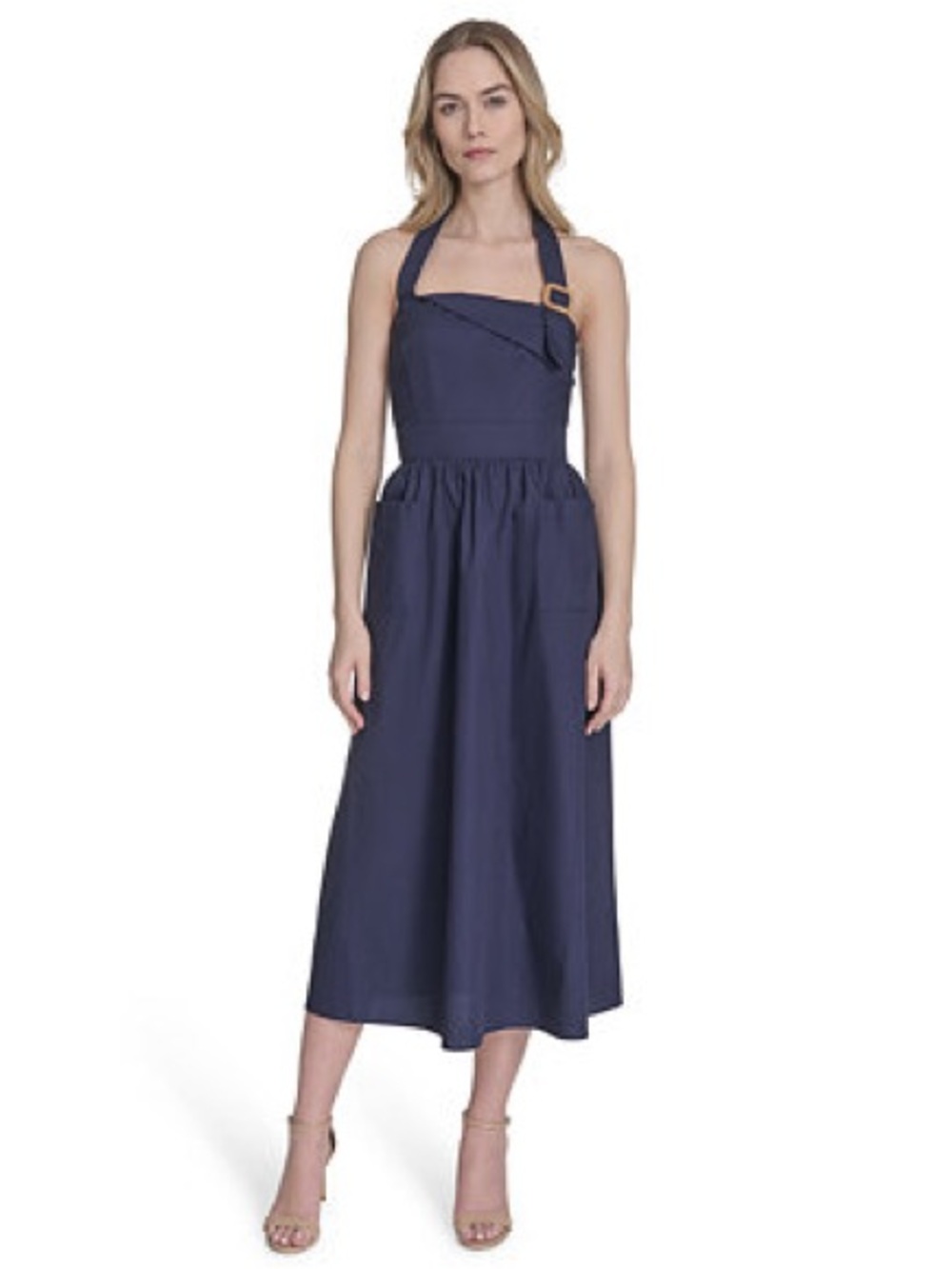 Vince Camuto Women’s Cotton Buckle Halter Neck Midi Dress Size 12 Navy‎ Blue